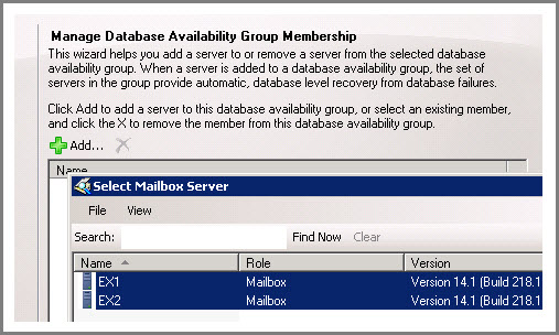 Select Group. Exchange dag. Install Group. Click failed